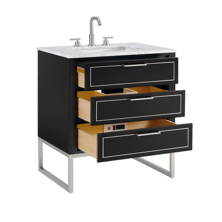 Bemma, Markham 30" Single Vanity, Midnight Black/Brushed Nickel, Carrara Marble Top#top-options_carrara-marble-top