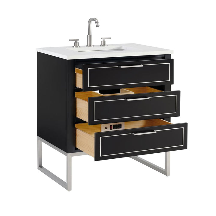 Bemma, Markham 30" Single Vanity, Midnight Black/Brushed Nickel, Calacatta Quartz Top#top-options_calacatta-quartz-top