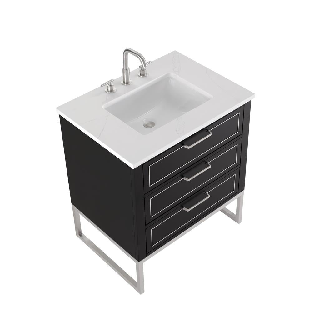 Bemma, Markham 30" Single Vanity, Midnight Black/Brushed Nickel, Calacatta Quartz Top#top-options_calacatta-quartz-top