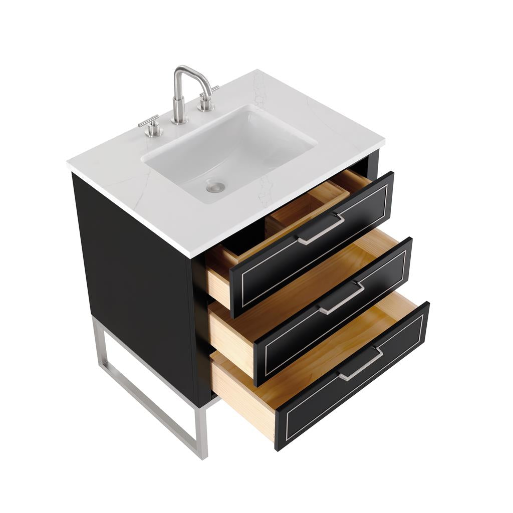 Bemma, Markham 30" Single Vanity, Midnight Black/Brushed Nickel, Calacatta Quartz Top#top-options_calacatta-quartz-top