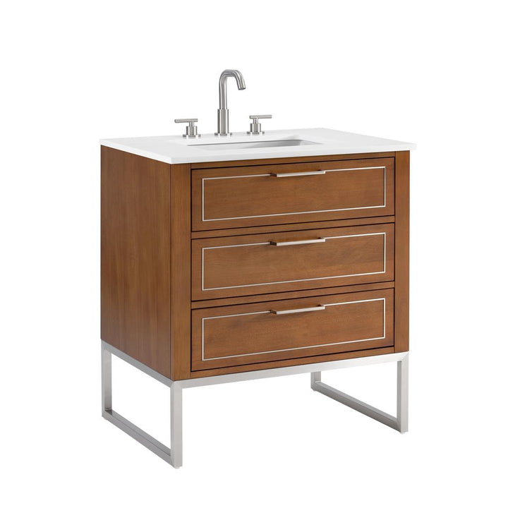 Bemma, Markham 30" Single Vanity, Walnut/Brushed Nickel, White Quartz Top#top-options_white-quartz-top