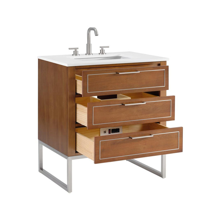 Bemma, Markham 30" Single Vanity, Walnut/Brushed Nickel, White Quartz Top#top-options_white-quartz-top