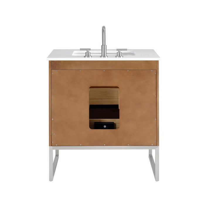 Bemma, Markham 30" Single Vanity, Walnut/Brushed Nickel, White Quartz Top#top-options_white-quartz-top