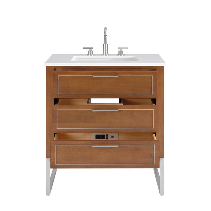 Bemma, Markham 30" Single Vanity, Walnut/Brushed Nickel, White Quartz Top#top-options_white-quartz-top