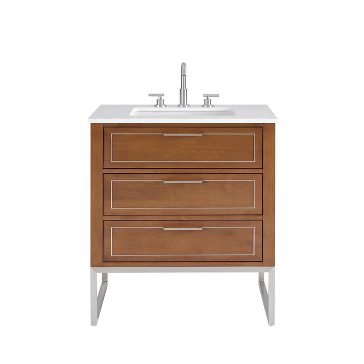 Bemma, Markham 30" Single Vanity, Walnut/Brushed Nickel, White Quartz Top#top-options_white-quartz-top