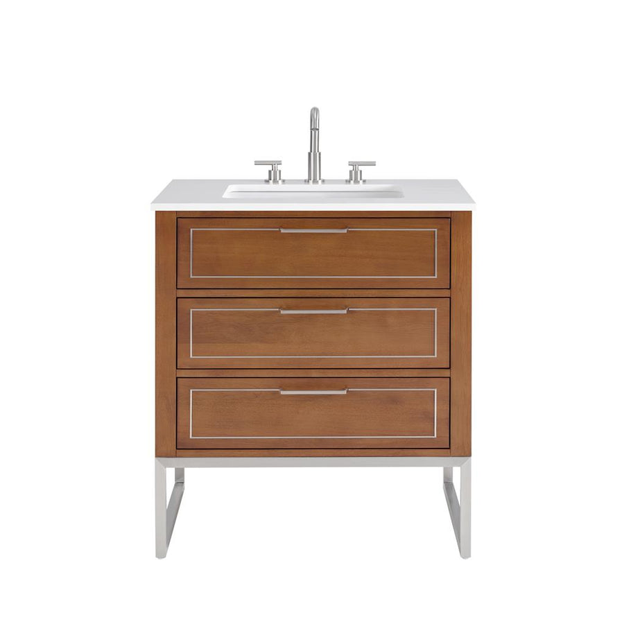 Bemma, Markham 30" Single Vanity, Walnut/Brushed Nickel, White Quartz Top#top-options_white-quartz-top