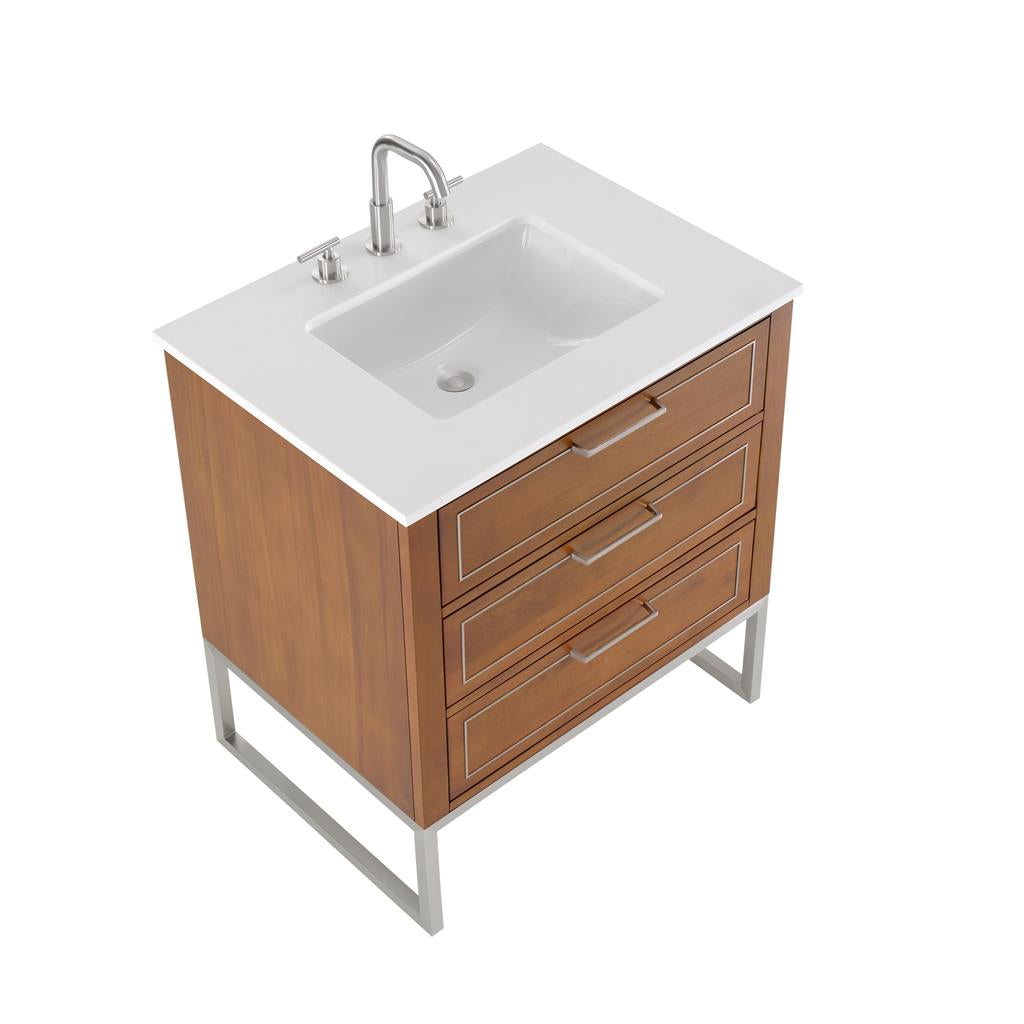 Bemma, Markham 30" Single Vanity, Walnut/Brushed Nickel, White Quartz Top#top-options_white-quartz-top