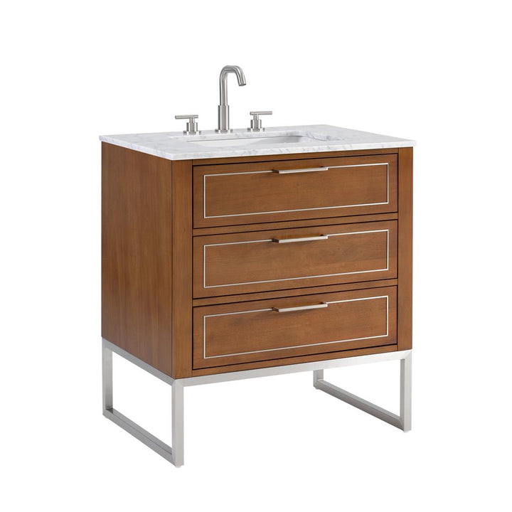 Bemma, Markham 30" Single Vanity, Walnut/Brushed Nickel, Carrara Marble Top#top-options_carrara-marble-top