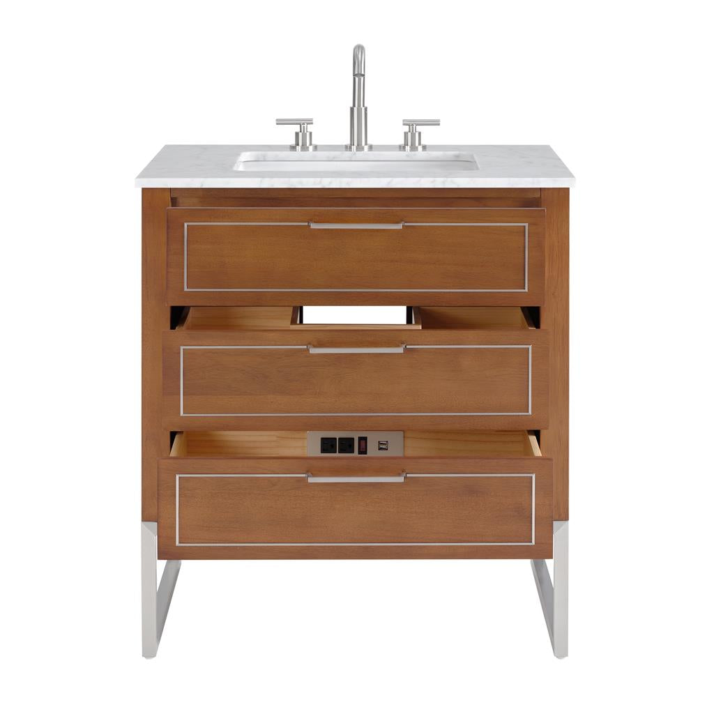 Bemma, Markham 30" Single Vanity, Walnut/Brushed Nickel, Carrara Marble Top#top-options_carrara-marble-top