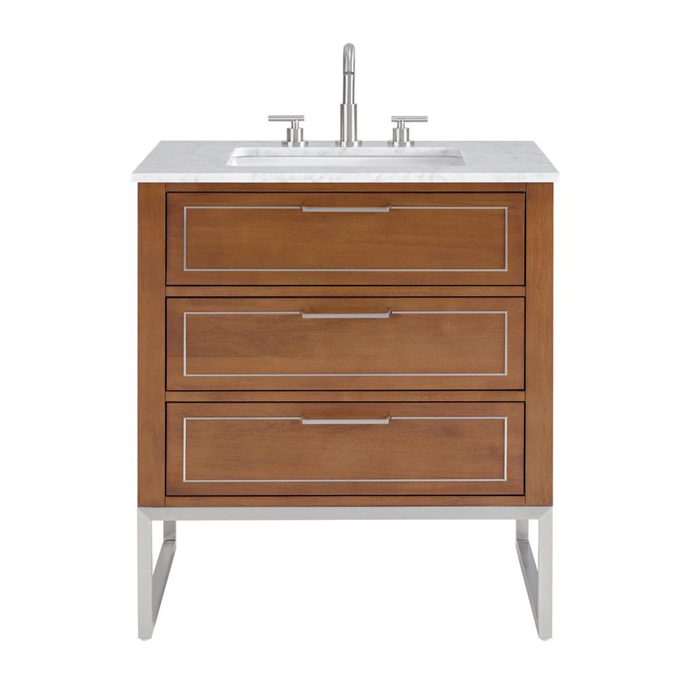 Bemma, Markham 30" Single Vanity, Walnut/Brushed Nickel, Carrara Marble Top#top-options_carrara-marble-top