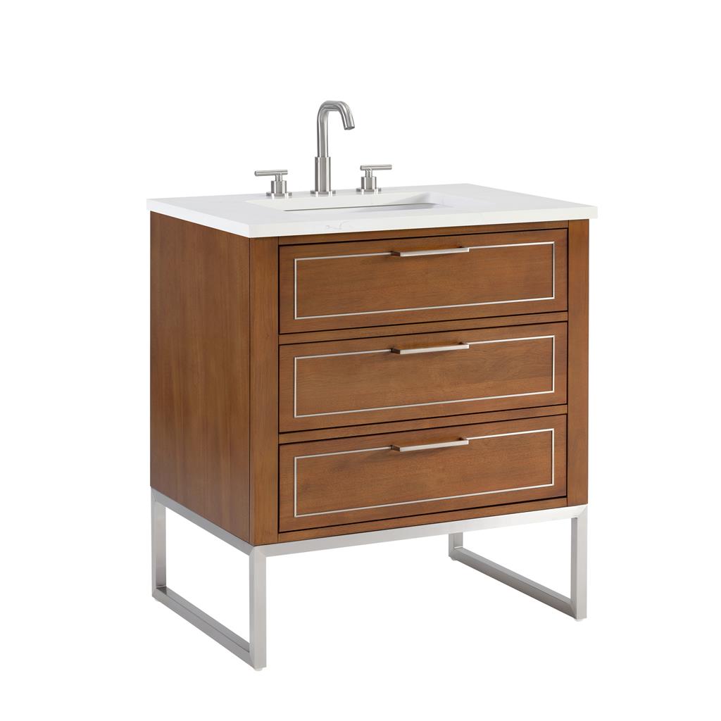 Bemma, Markham 30" Single Vanity, Walnut/Brushed Nickel, Calacatta Quartz Top#top-options_calacatta-quartz-top