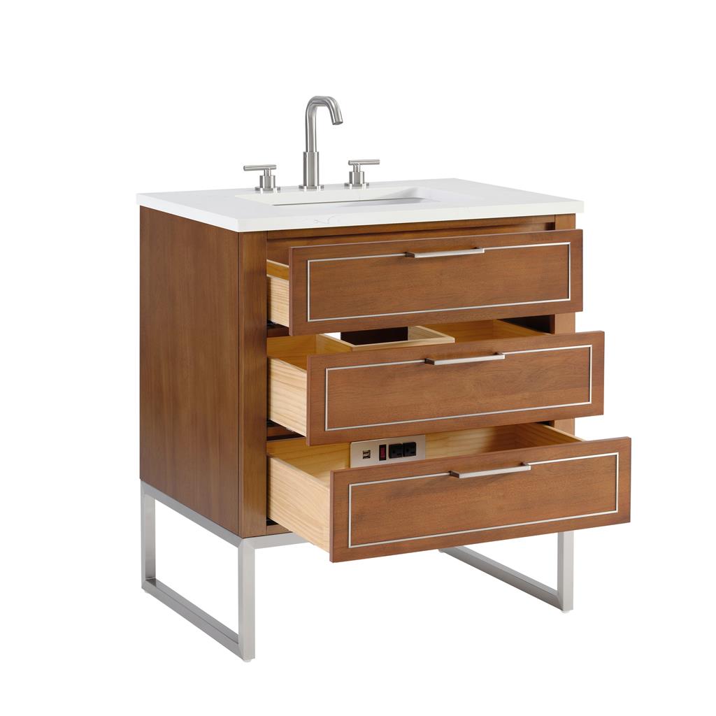 Bemma, Markham 30" Single Vanity, Walnut/Brushed Nickel, Calacatta Quartz Top#top-options_calacatta-quartz-top