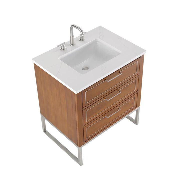 Bemma, Markham 30" Single Vanity, Walnut/Brushed Nickel, Calacatta Quartz Top#top-options_calacatta-quartz-top