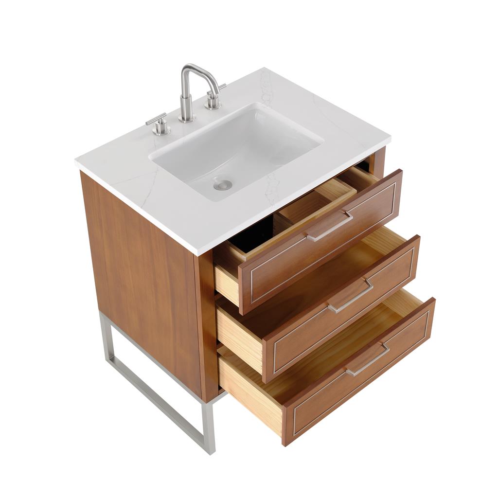Bemma, Markham 30" Single Vanity, Walnut/Brushed Nickel, Calacatta Quartz Top#top-options_calacatta-quartz-top