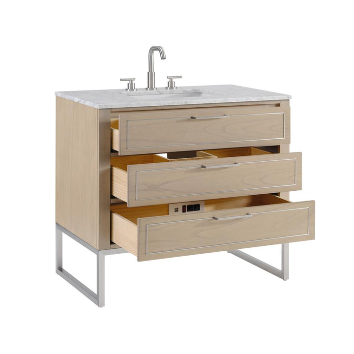 Bemma, Markham 36" Single Vanity, Cashmere Grey/Brushed Nickel, Carrara Marble Top#top-options_carrara-marble-top