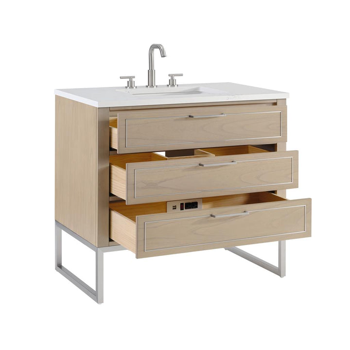 Bemma, Markham 36" Single Vanity, Cashmere Grey/Brushed Nickel, Calacatta Quartz Top#top-options_calacatta-quartz-top