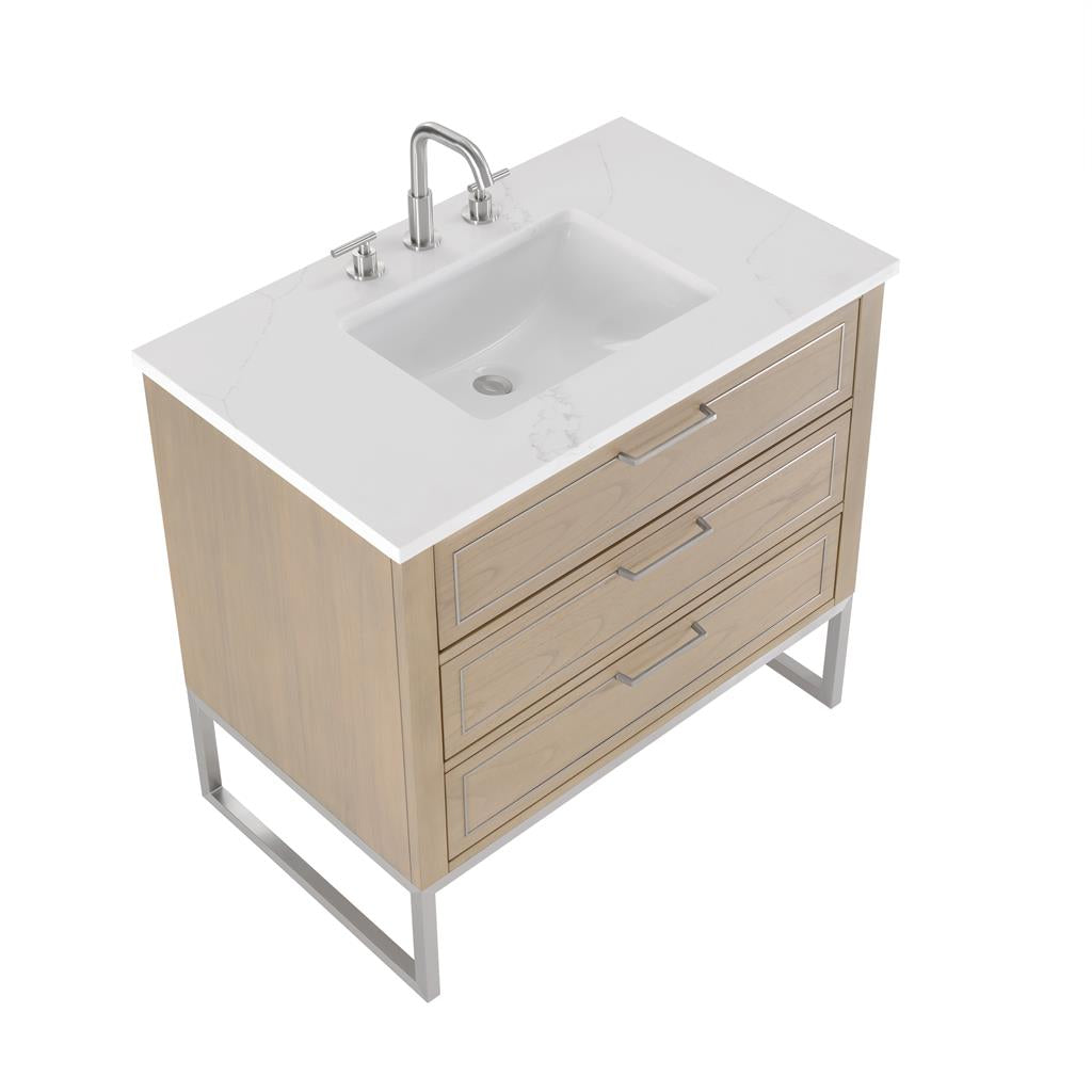 Bemma, Markham 36" Single Vanity, Cashmere Grey/Brushed Nickel, Calacatta Quartz Top#top-options_calacatta-quartz-top