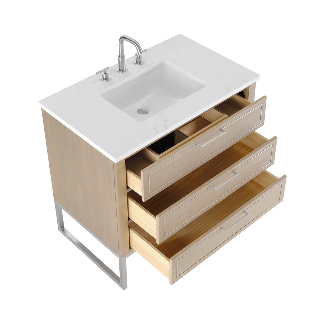 Bemma, Markham 36" Single Vanity, Cashmere Grey/Brushed Nickel, Calacatta Quartz Top#top-options_calacatta-quartz-top