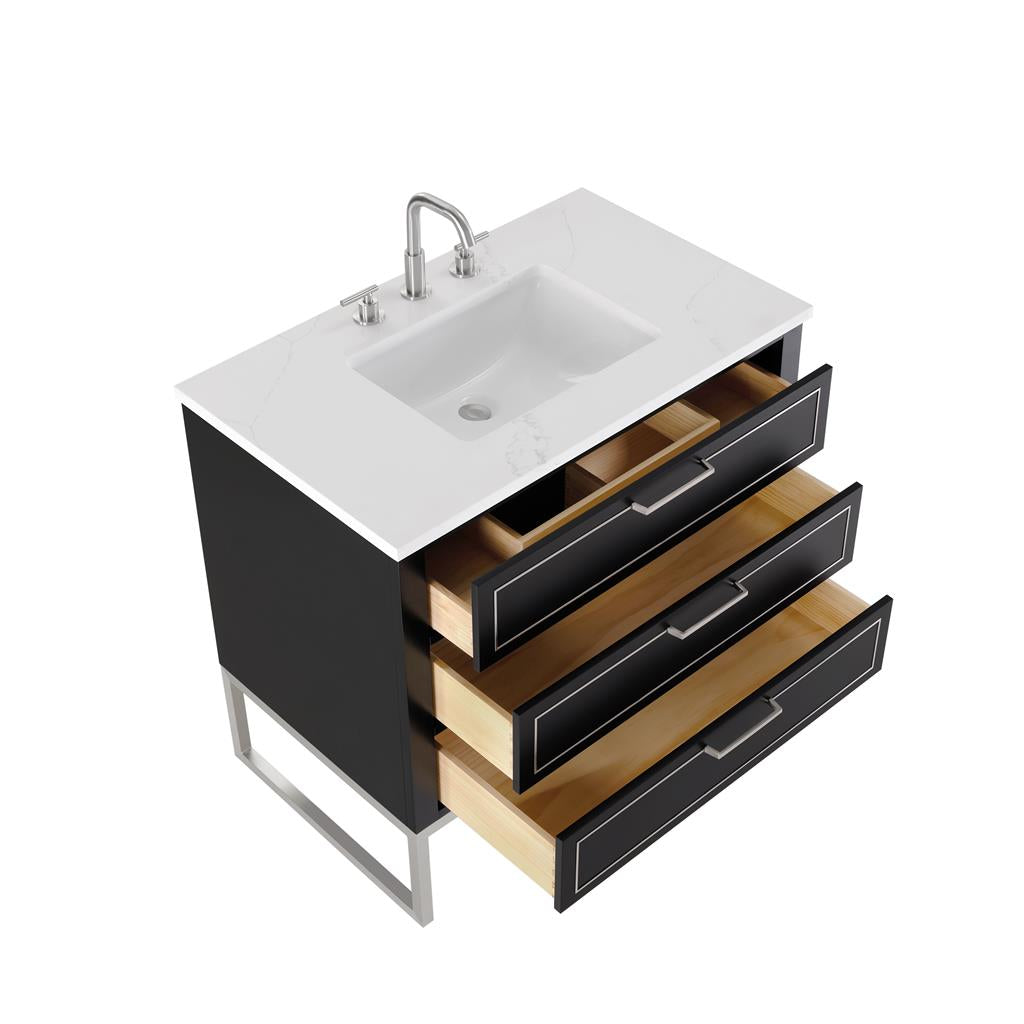 Bemma, Markham 36" Single Vanity, Midnight Black/Brushed Nickel, Calacatta Quartz Top#top-options_calacatta-quartz-top