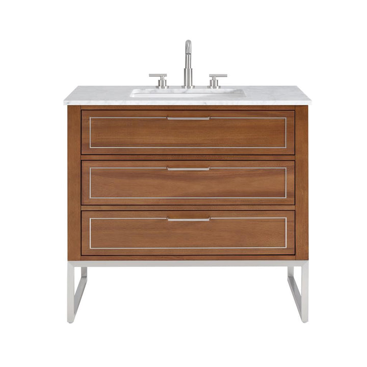 Bemma, Markham 36" Single Vanity, Walnut/Brushed Nickel, Carrara Marble Top#top-options_carrara-marble-top