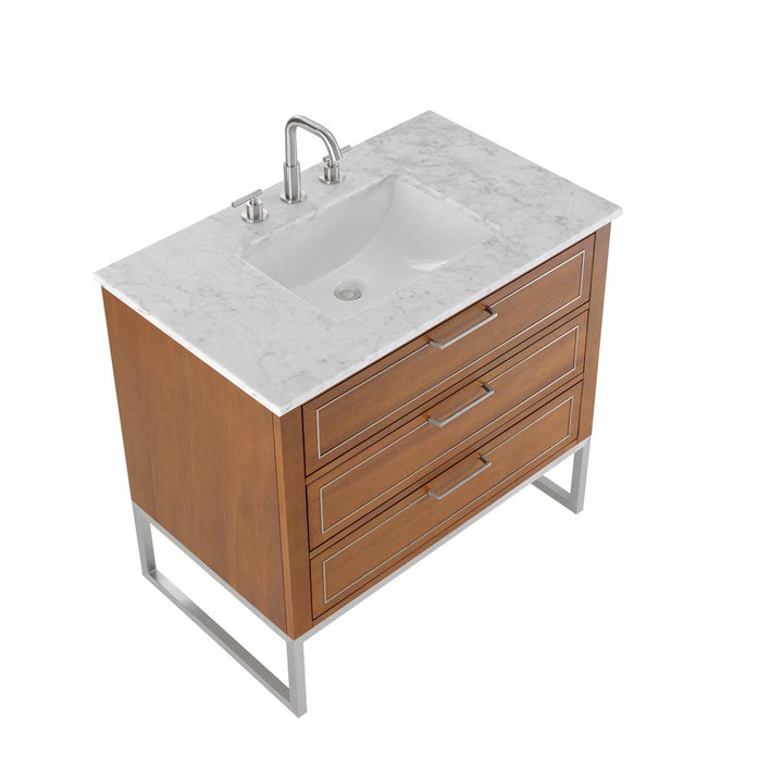Bemma, Markham 36" Single Vanity, Walnut/Brushed Nickel, Carrara Marble Top#top-options_carrara-marble-top