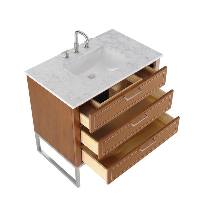 Bemma, Markham 36" Single Vanity, Walnut/Brushed Nickel, Carrara Marble Top#top-options_carrara-marble-top
