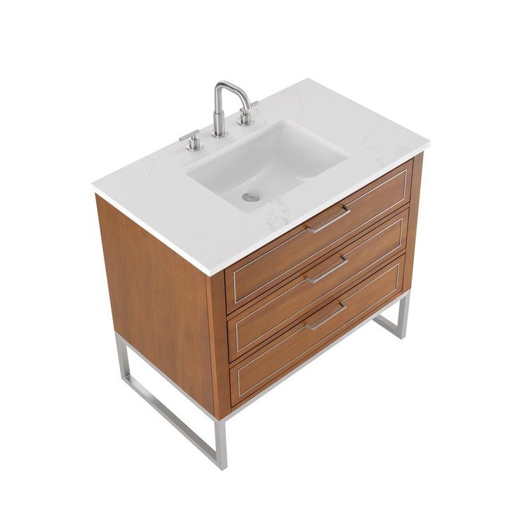 Bemma, Markham 36" Single Vanity, Walnut/Brushed Nickel, Calacatta Quartz Top#top-options_calacatta-quartz-top