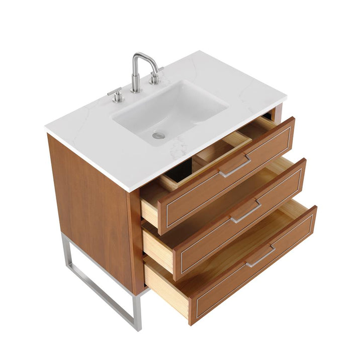 Bemma, Markham 36" Single Vanity, Walnut/Brushed Nickel, Calacatta Quartz Top#top-options_calacatta-quartz-top