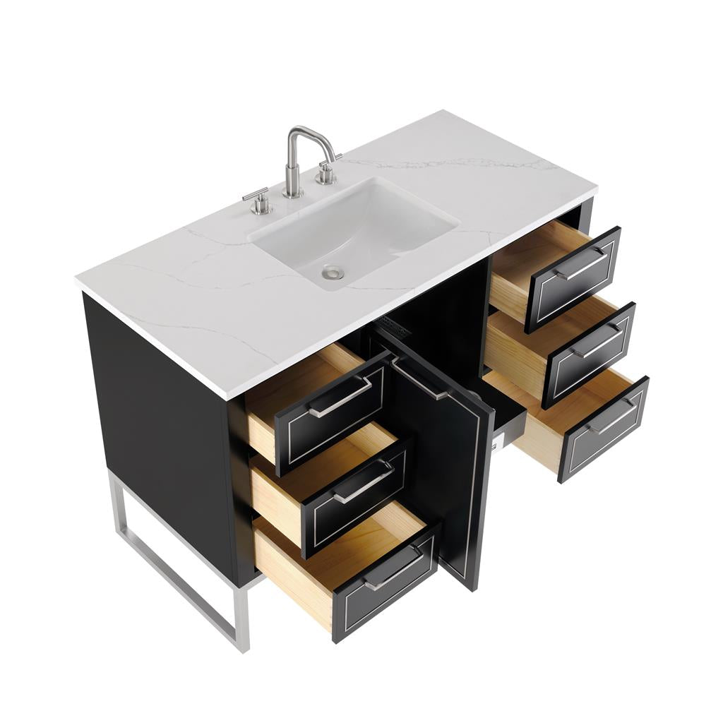 Bemma, Markham 48" Single Vanity, Midnight Black/Brushed Nickel, Calacatta Quartz Top#top-options_calacatta-quartz-top