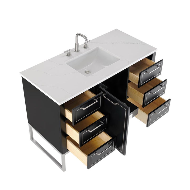 Bemma, Markham 48" Single Vanity, Midnight Black/Brushed Nickel, Calacatta Quartz Top#top-options_calacatta-quartz-top