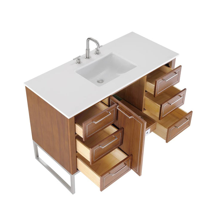 Bemma, Markham 48" Single Vanity, Walnut/Brushed Nickel, White Quartz Top#top-options_white-quartz-top