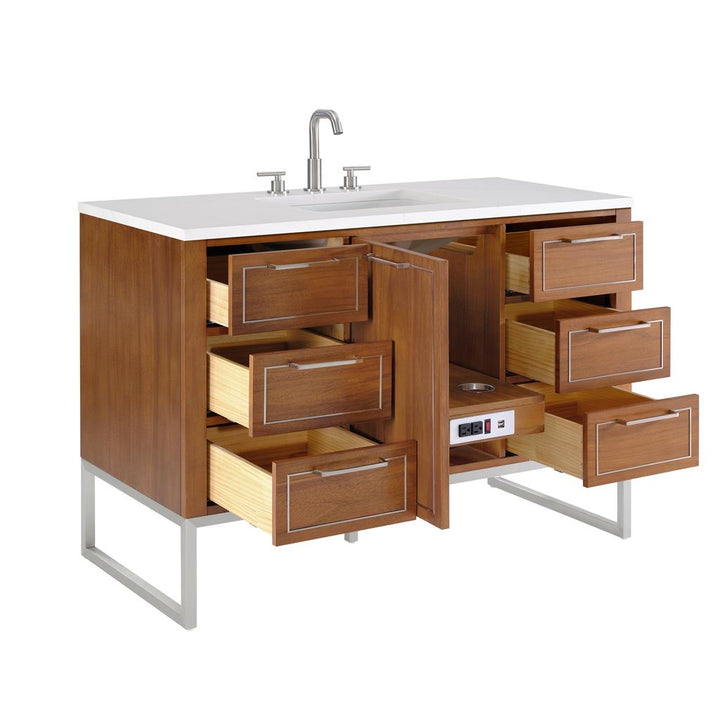 Bemma, Markham 48" Single Vanity, Walnut/Brushed Nickel, Calacatta Quartz Top#top-options_calacatta-quartz-top