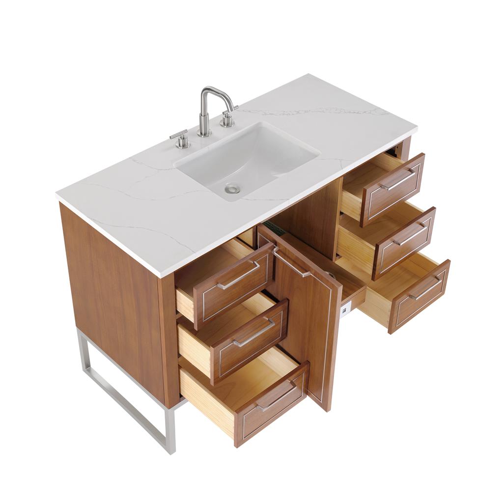 Bemma, Markham 48" Single Vanity, Walnut/Brushed Nickel, Calacatta Quartz Top#top-options_calacatta-quartz-top