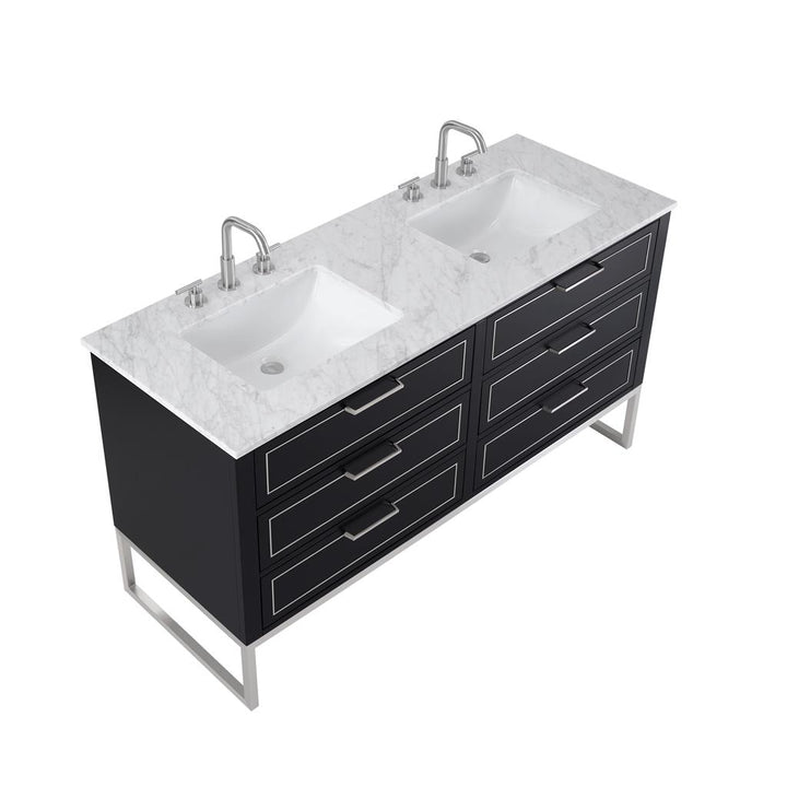 Bemma, Markham 60" Double Vanity, Midnight Black/Brushed Nickel, Carrara Marble Top#top-options_carrara-marble-top