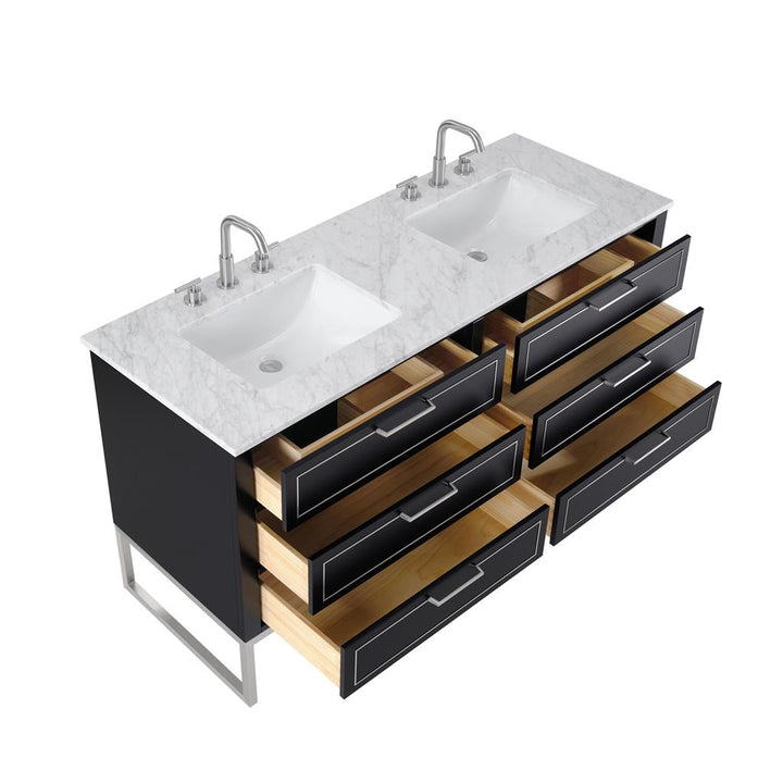 Bemma, Markham 60" Double Vanity, Midnight Black/Brushed Nickel, Carrara Marble Top#top-options_carrara-marble-top