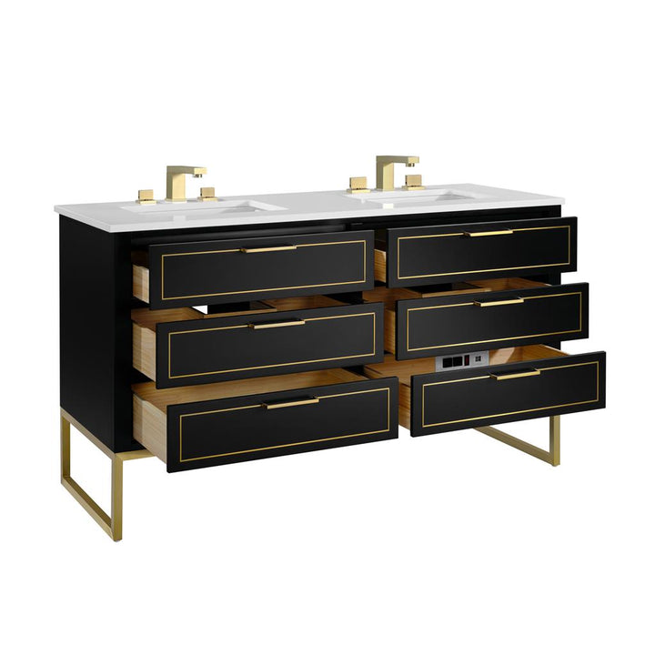Bemma, Markham 60" Double Vanity, Midnight Black/Satin Brass, White Quartz Top#top-options_white-quartz-top