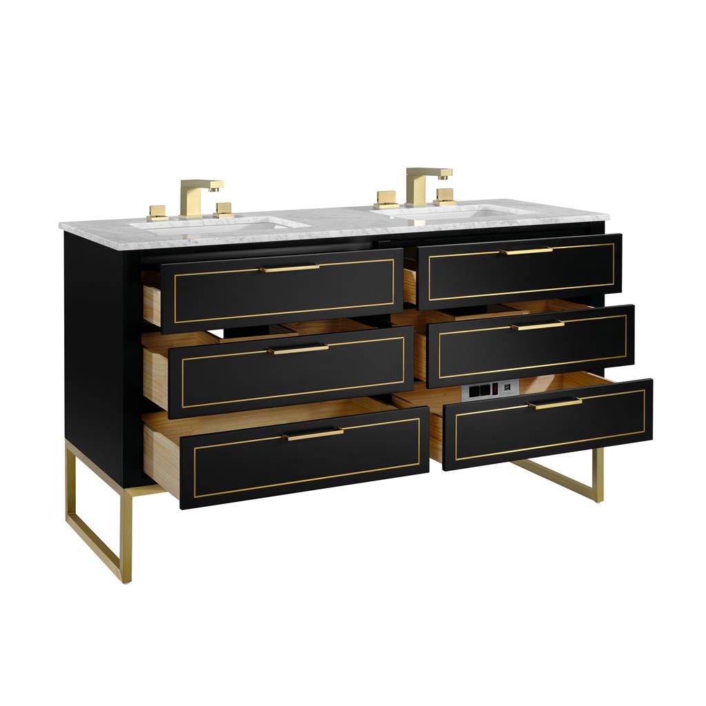 Bemma, Markham 60" Double Vanity, Midnight Black/Satin Brass, Carrara Marble Top#top-options_carrara-marble-top