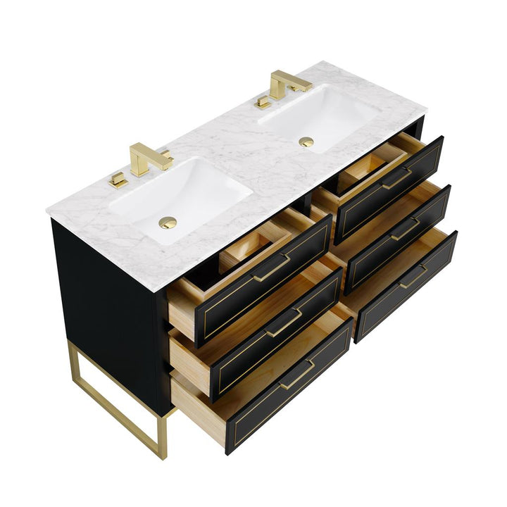 Bemma, Markham 60" Double Vanity, Midnight Black/Satin Brass, Carrara Marble Top#top-options_carrara-marble-top