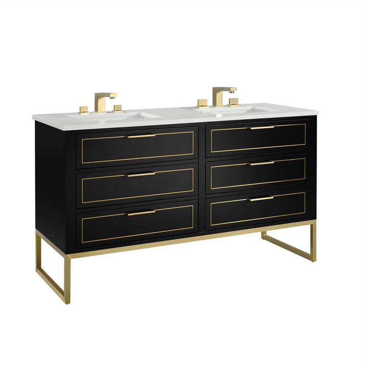Bemma, Markham 60" Double Vanity, Midnight Black/Satin Brass, Calacatta Quartz Top#top-options_calacatta-quartz-top