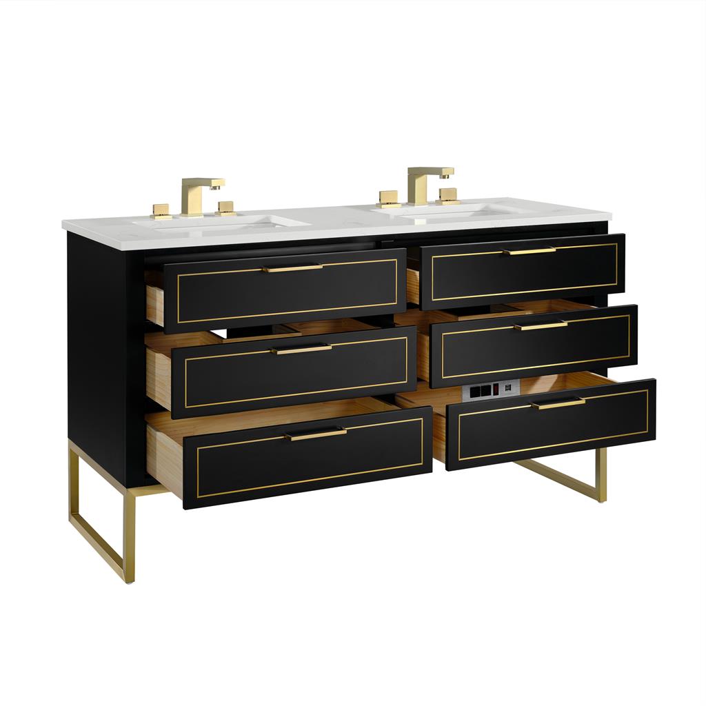 Bemma, Markham 60" Double Vanity, Midnight Black/Satin Brass, Calacatta Quartz Top#top-options_calacatta-quartz-top