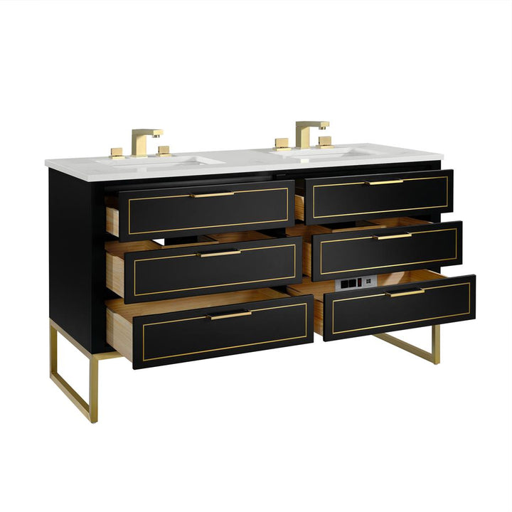 Bemma, Markham 60" Double Vanity, Midnight Black/Satin Brass, Calacatta Quartz Top#top-options_calacatta-quartz-top