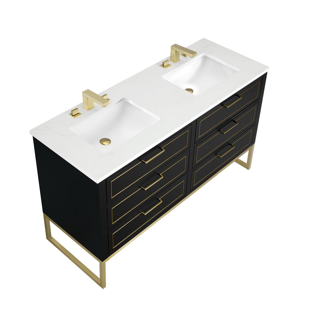 Bemma, Markham 60" Double Vanity, Midnight Black/Satin Brass, Calacatta Quartz Top#top-options_calacatta-quartz-top