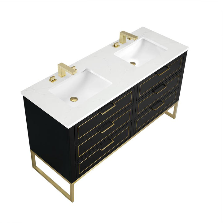 Bemma, Markham 60" Double Vanity, Midnight Black/Satin Brass, Calacatta Quartz Top#top-options_calacatta-quartz-top