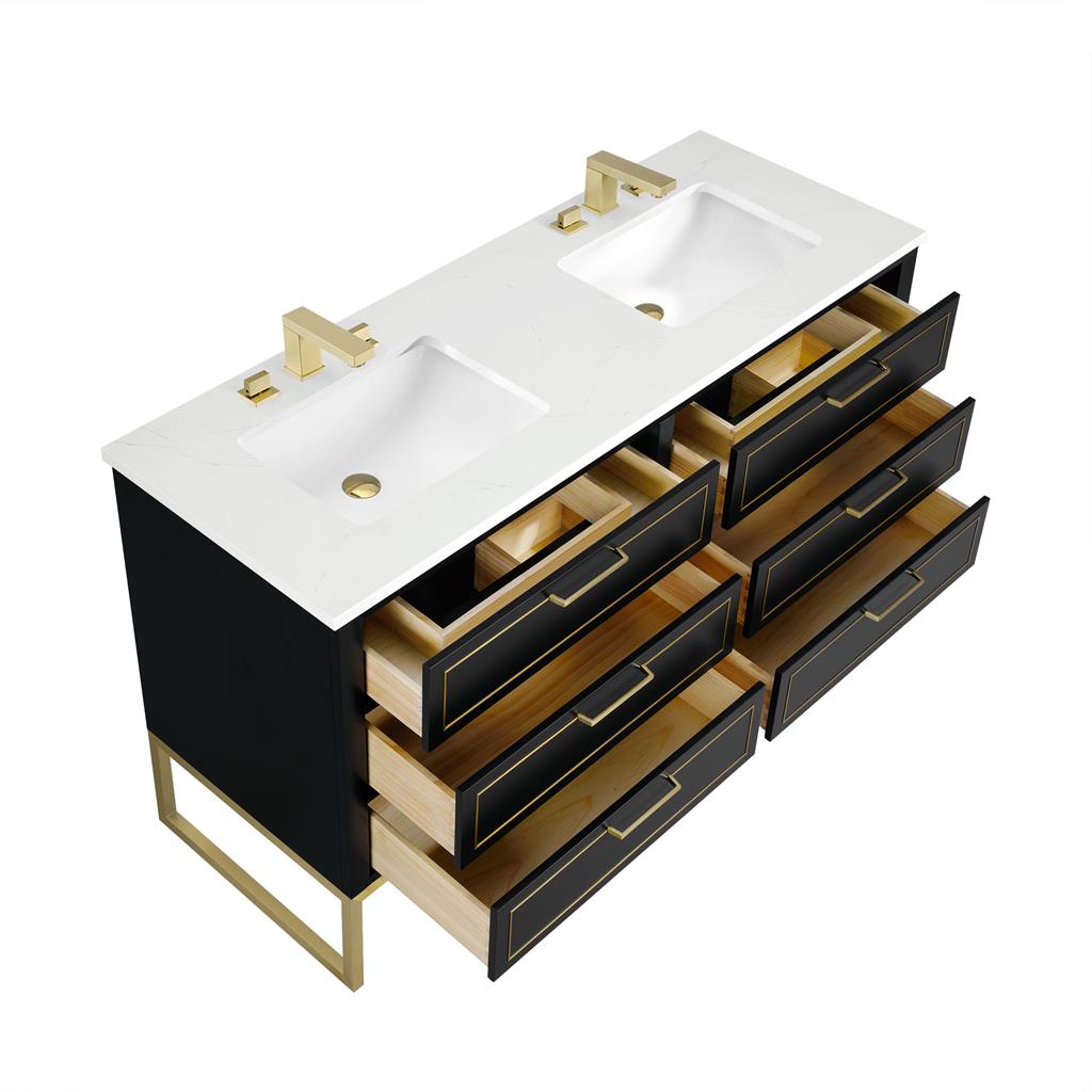 Bemma, Markham 60" Double Vanity, Midnight Black/Satin Brass, Calacatta Quartz Top#top-options_calacatta-quartz-top
