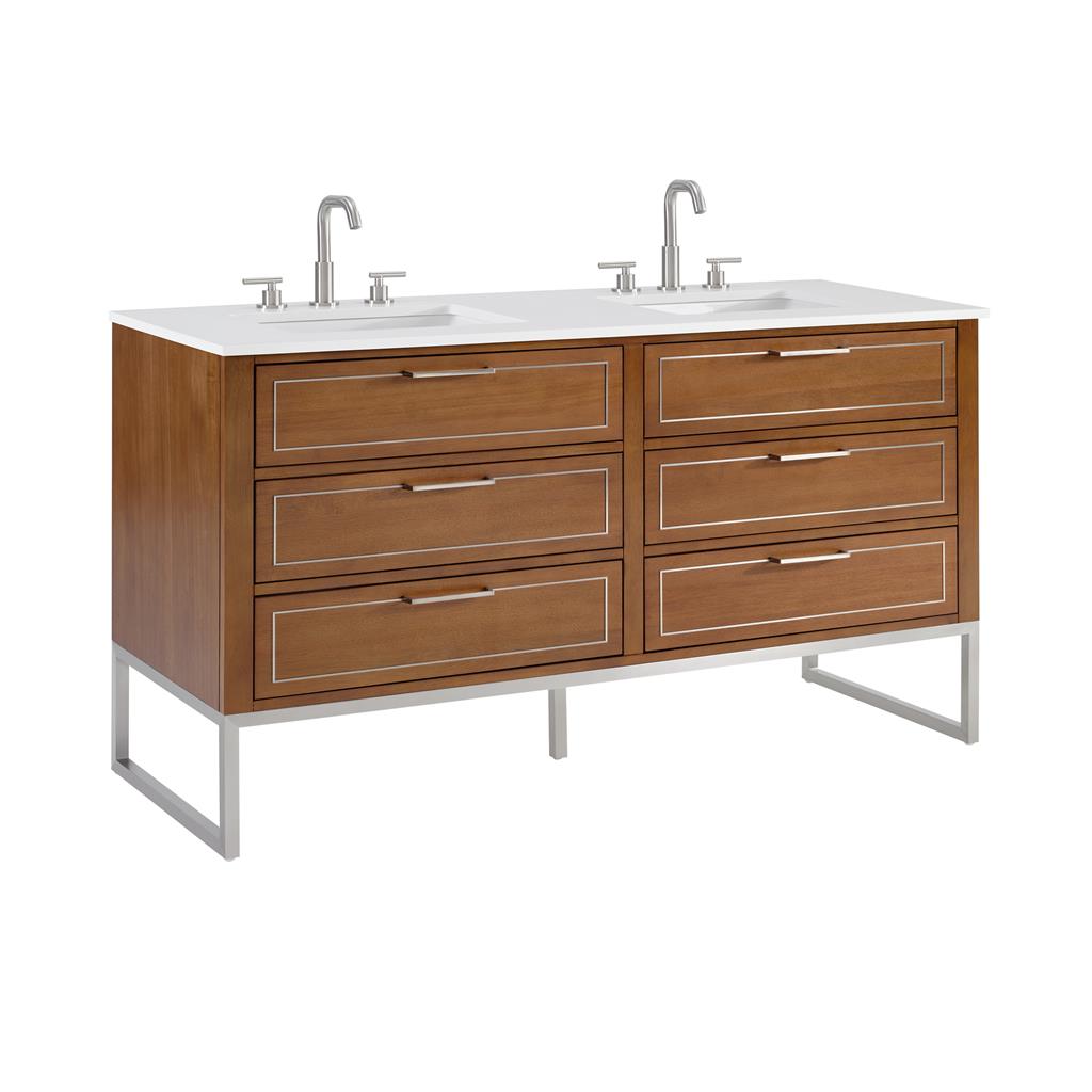 Bemma, Markham 60" Double Vanity, Walnut/Brushed Nickel, White Quartz Top#top-options_white-quartz-top