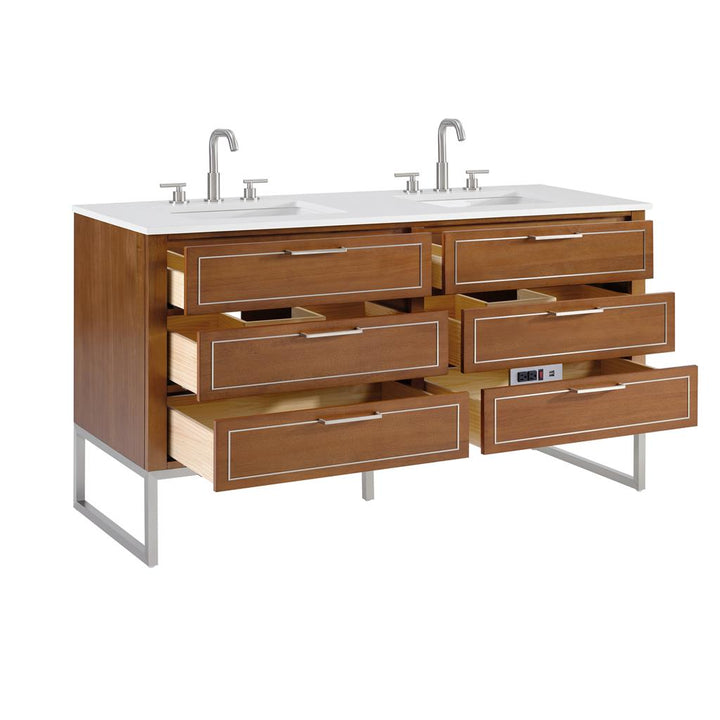 Bemma, Markham 60" Double Vanity, Walnut/Brushed Nickel, White Quartz Top#top-options_white-quartz-top