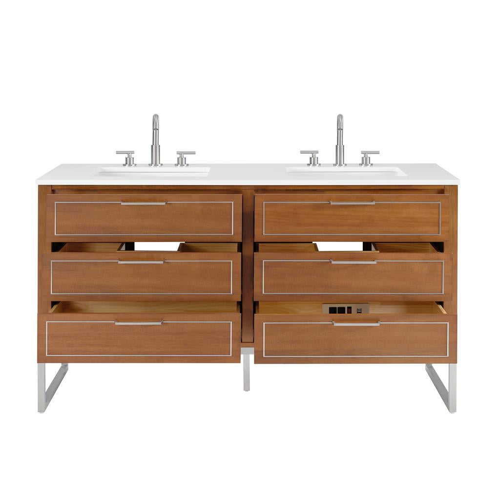 Bemma, Markham 60" Double Vanity, Walnut/Brushed Nickel, White Quartz Top#top-options_white-quartz-top