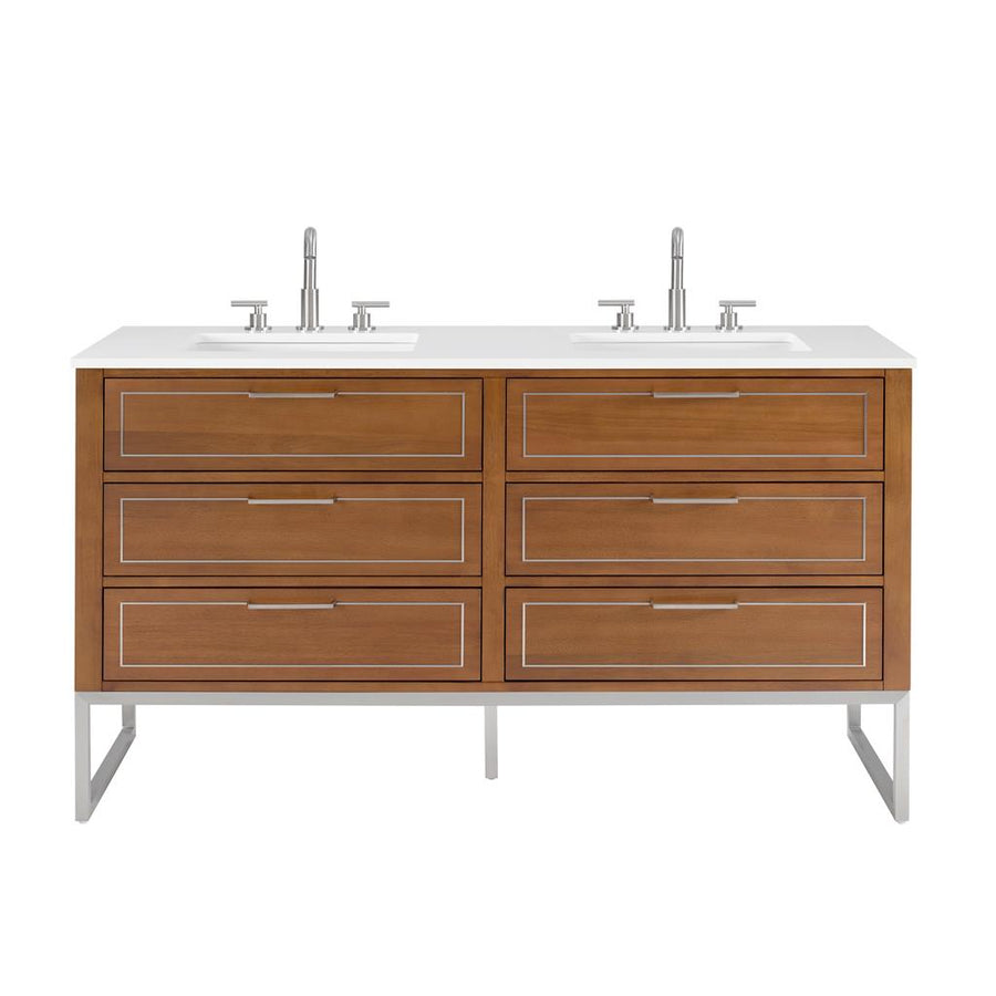 Bemma, Markham 60" Double Vanity, Walnut/Brushed Nickel, White Quartz Top#top-options_white-quartz-top