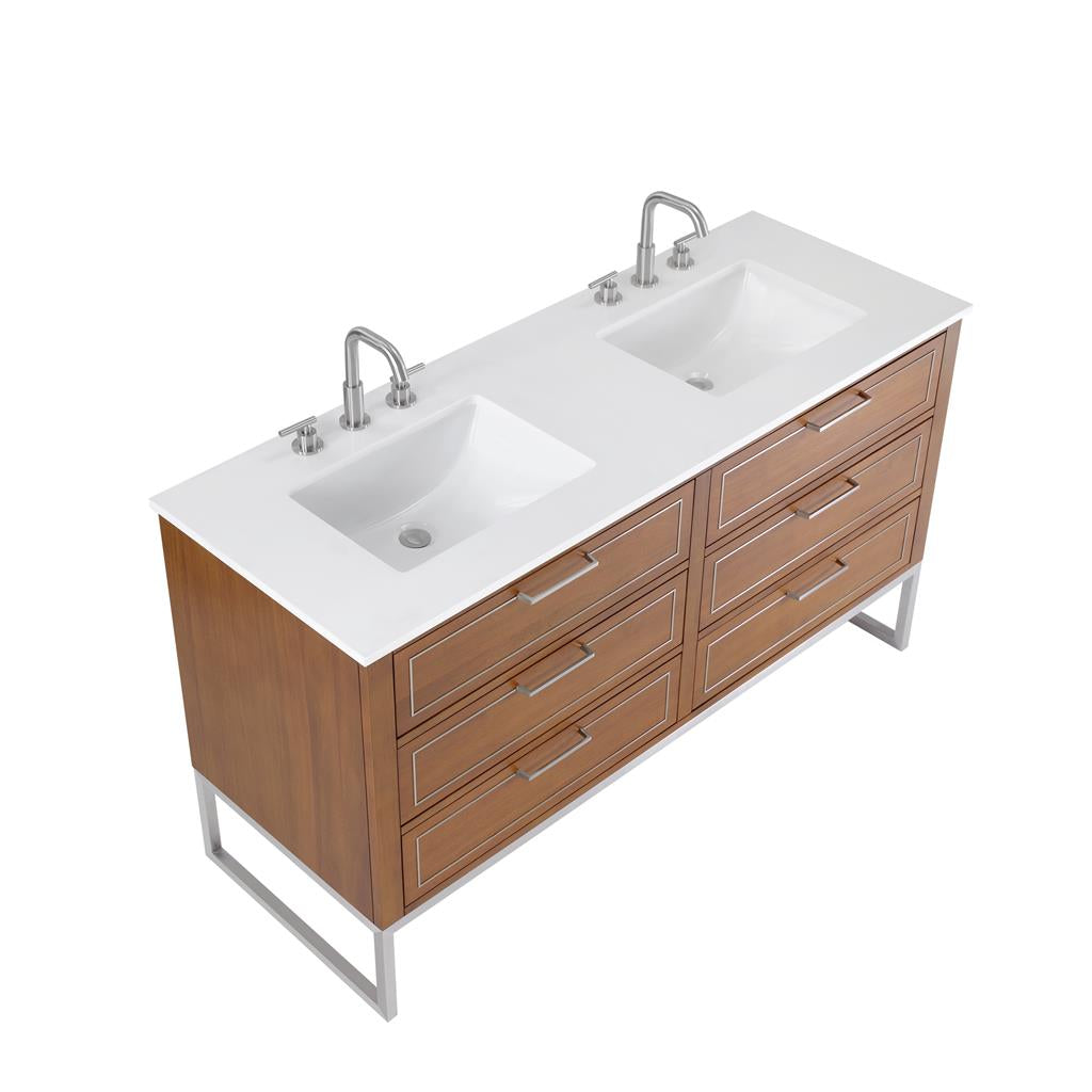 Bemma, Markham 60" Double Vanity, Walnut/Brushed Nickel, White Quartz Top#top-options_white-quartz-top
