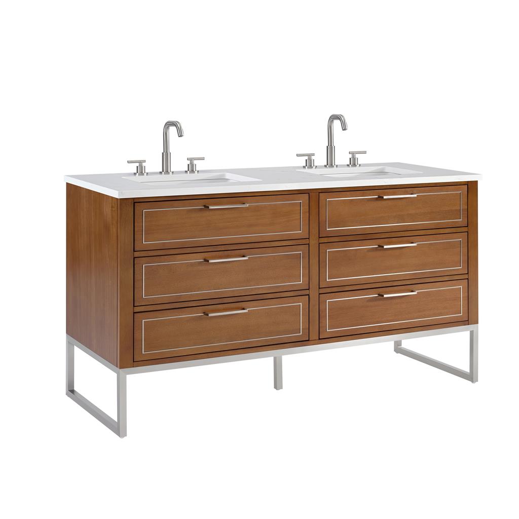 Bemma, Markham 60" Double Vanity, Walnut/Brushed Nickel, Calacatta Quartz Top#top-options_calacatta-quartz-top